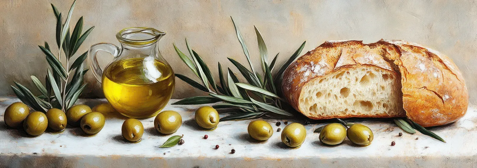 Rustic bread, green olives, olive branches, and a glass jug of golden olive oil arranged on a textured surface.