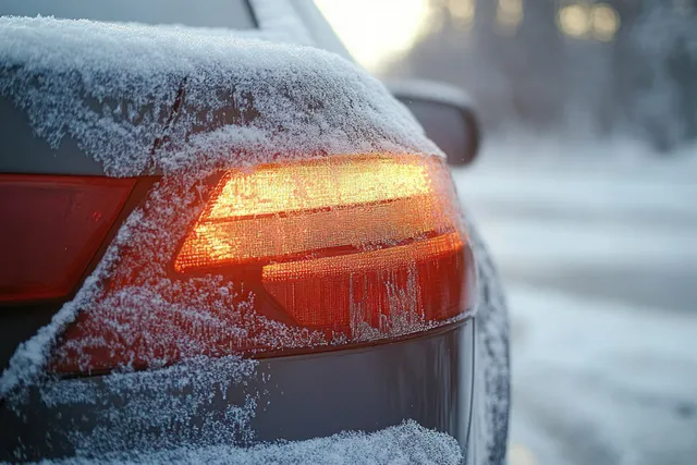 Frosted car rear light glowing through snowflakes on a cold winter roadside