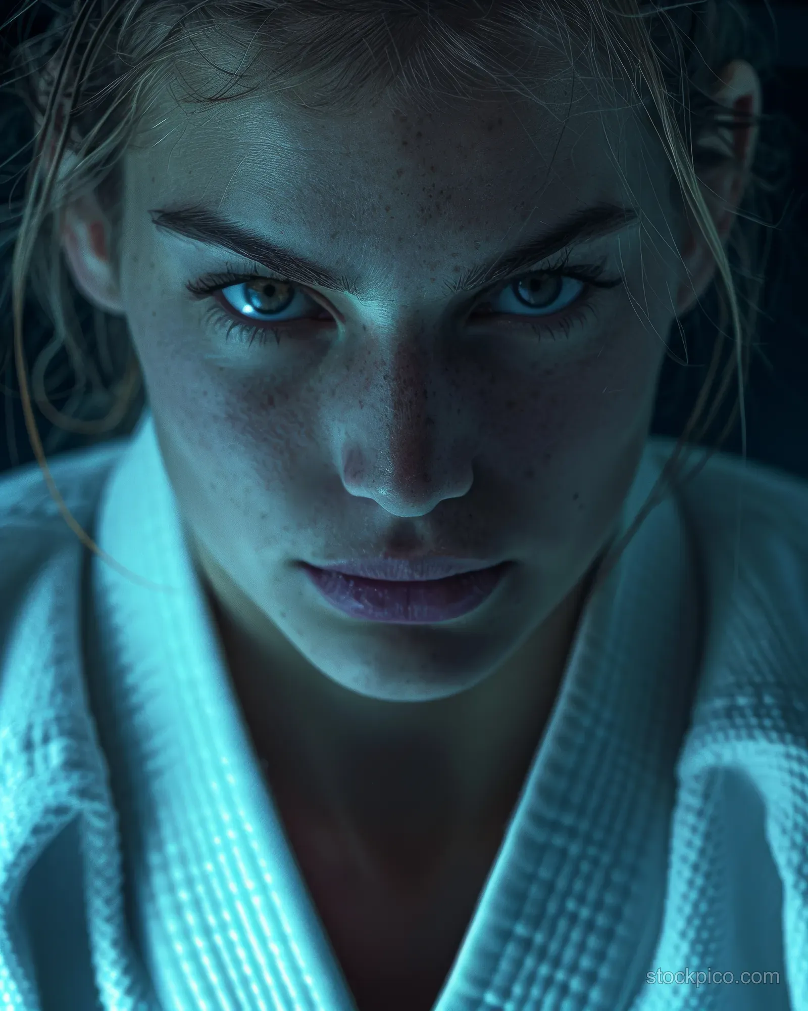 A focused German female judoka in a judo gi grips during a high-intensity match under dramatic blue lighting.
