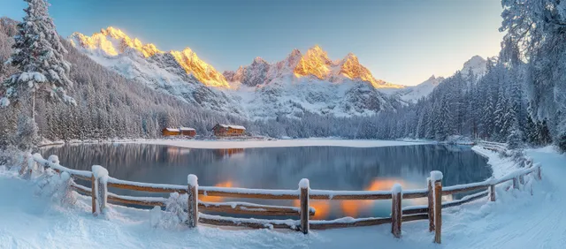 Sunrise over a snow-covered mountain lake with wooden cabins, frosted trees, and golden peaks reflecting on still water.