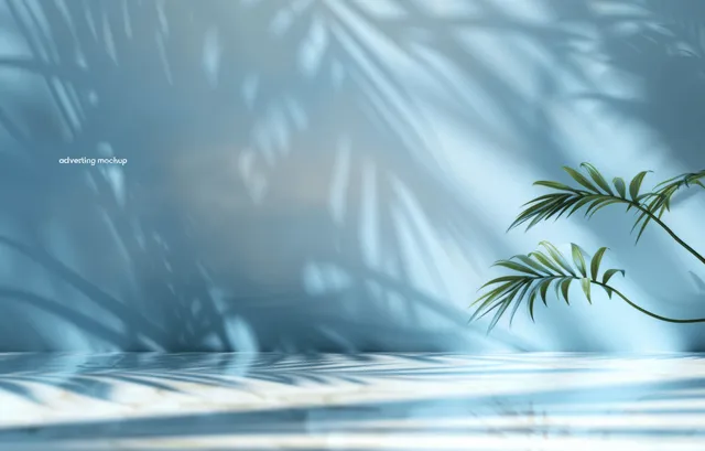 Light blue studio backdrop with palm leaf shadow and calm copy space for product display
