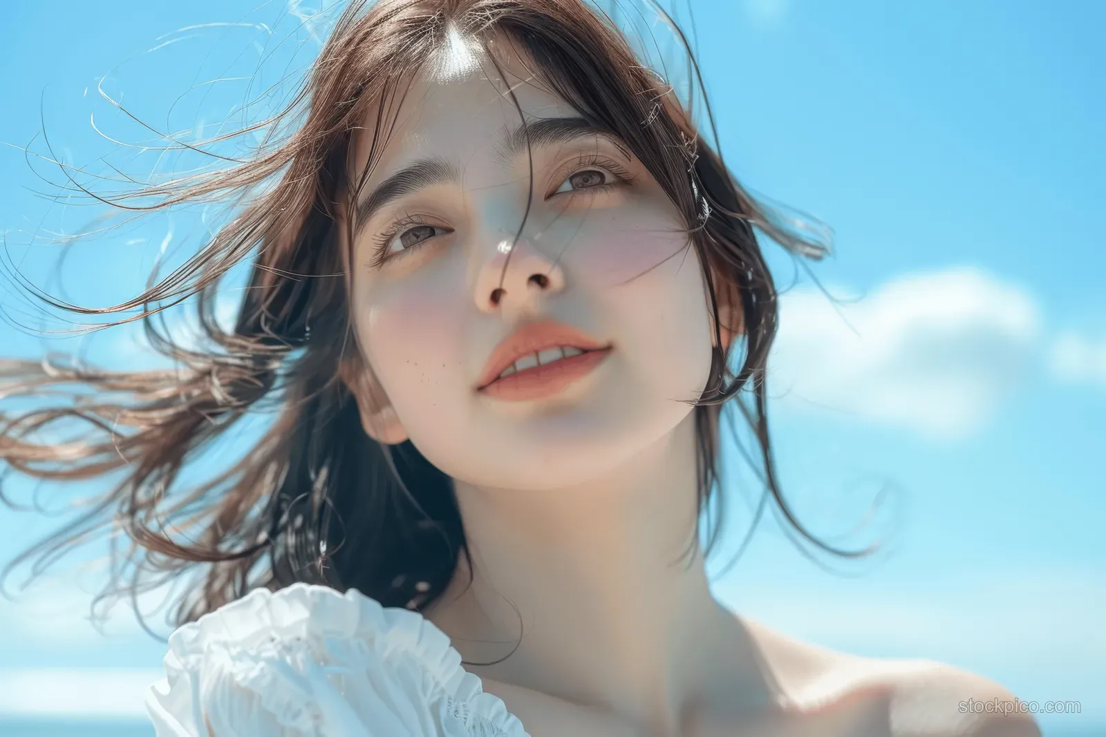 Young Japanese woman in a white dress looks up as wind blows her hair in front of a blue sky.