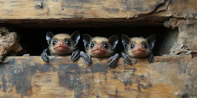 Three small bats peek out from a dark crevice in weathered wooden boards, gripping the ledge with wide eyes.