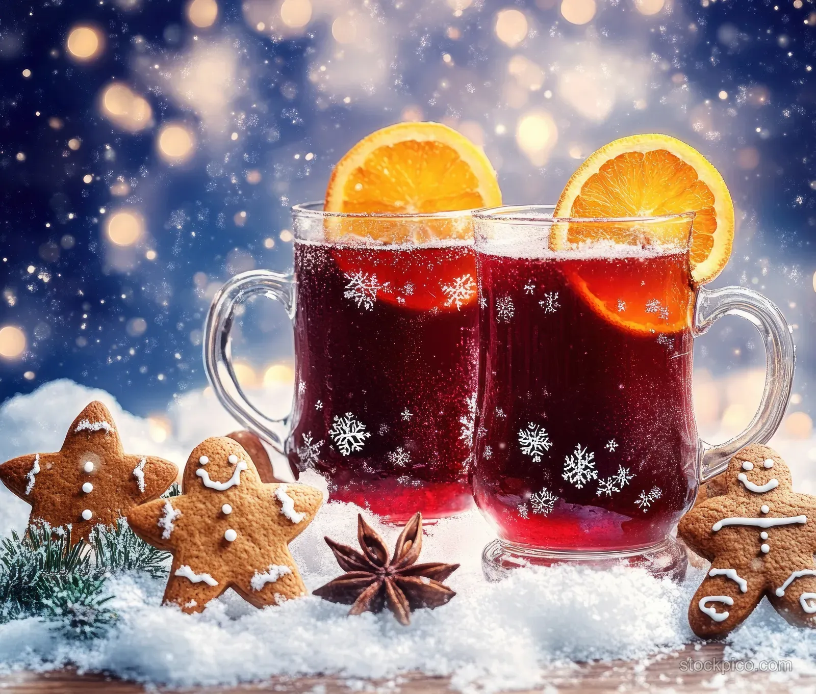 Two mugs of mulled wine in snow with orange slices, gingerbread cookies, and snowy bokeh lights at night.