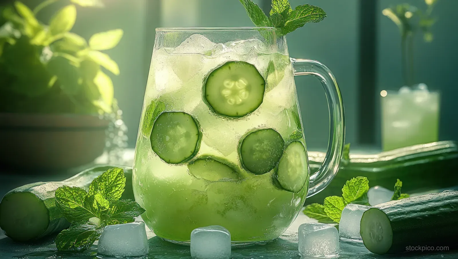 A glass mug filled with icy green cucumber-mint water surrounded by cucumber slices, mint leaves, and ice cubes.