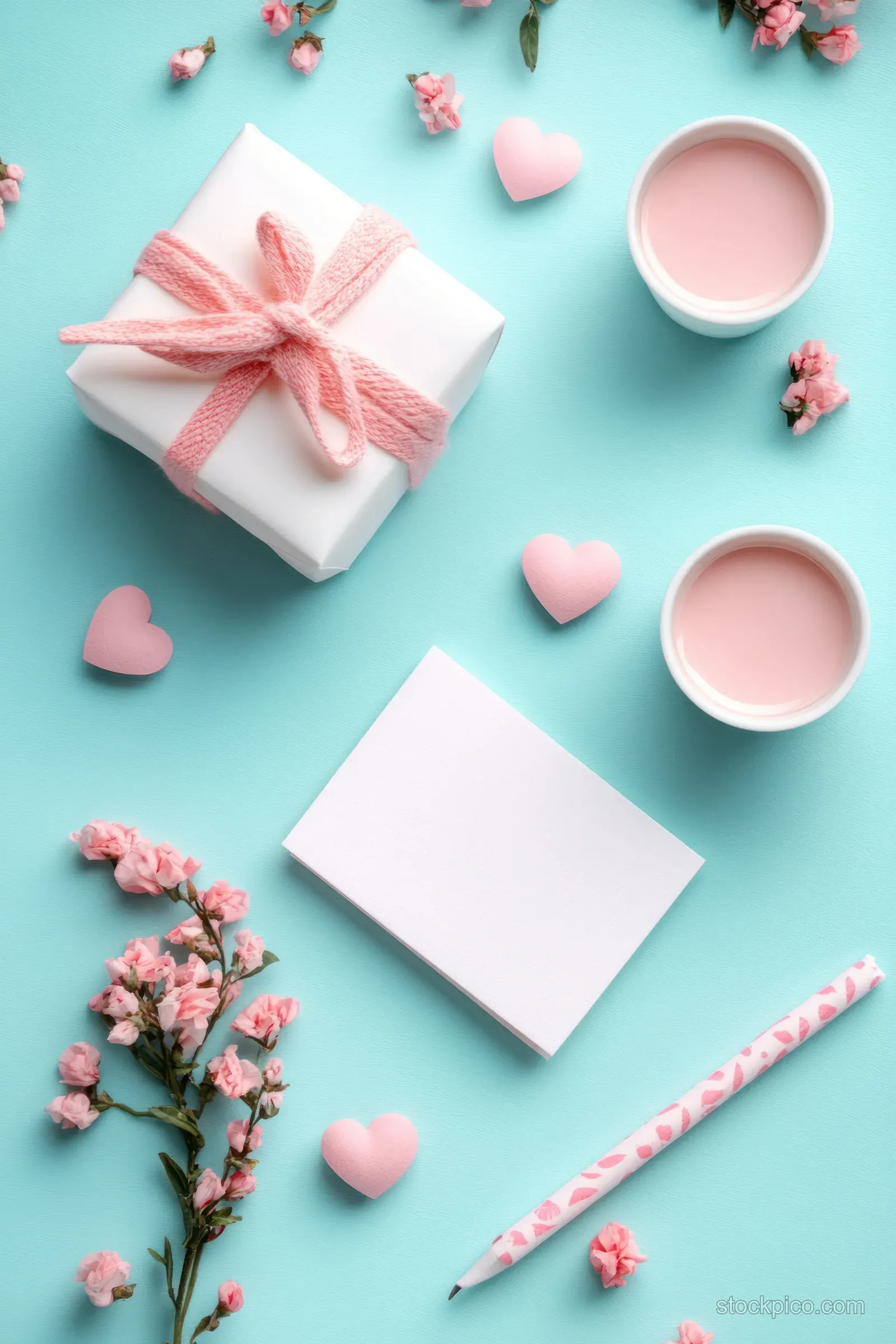 A blank white letter card and a ribbon gift box sit on a pastel turquoise surface with pink hearts and cups.