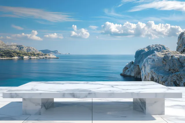 White marble tabletop on a seaside terrace with blurred ocean and sky view in the background.