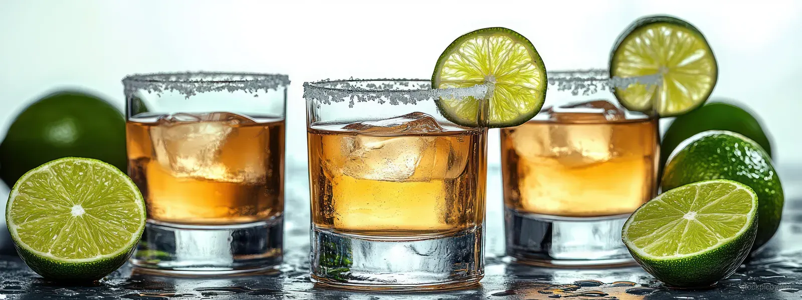 Three salt-rimmed amber lime drinks with ice and lime slices in clear tumblers on a reflective tabletop.