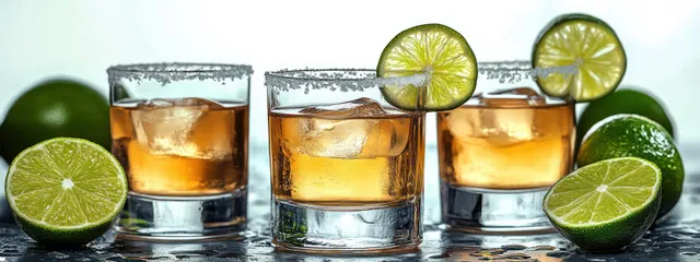 Three salt-rimmed amber lime drinks with ice and lime slices in clear tumblers on a reflective tabletop.