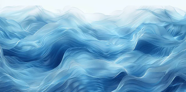 Abstract blue ocean wave ribbons with teal watercolor texture and flowing motion background