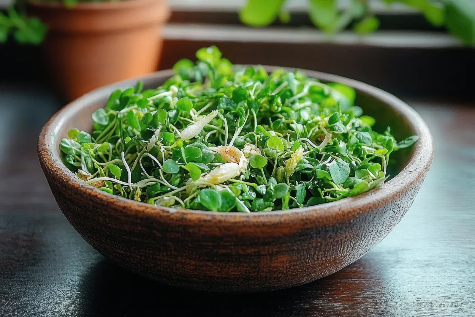 Indonesian trancam salad in a rustic bowl topped with green sprouts and herbs with coconut dressing.