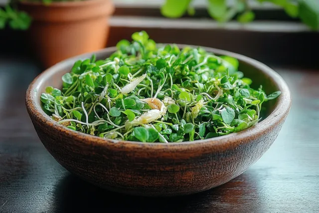 Indonesian trancam salad in a rustic bowl topped with green sprouts and herbs with coconut dressing.
