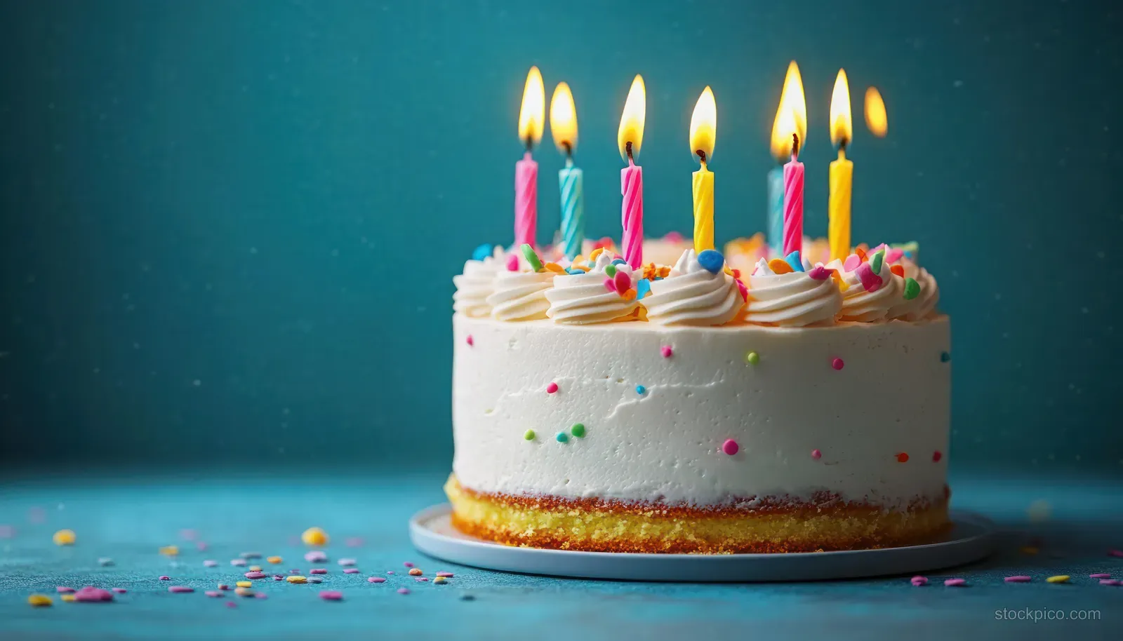 A white birthday cake with lit colorful candles and sprinkles sits on a plate against a blue background.