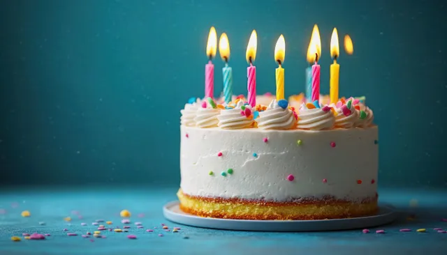 A white birthday cake with lit colorful candles and sprinkles sits on a plate against a blue background.
