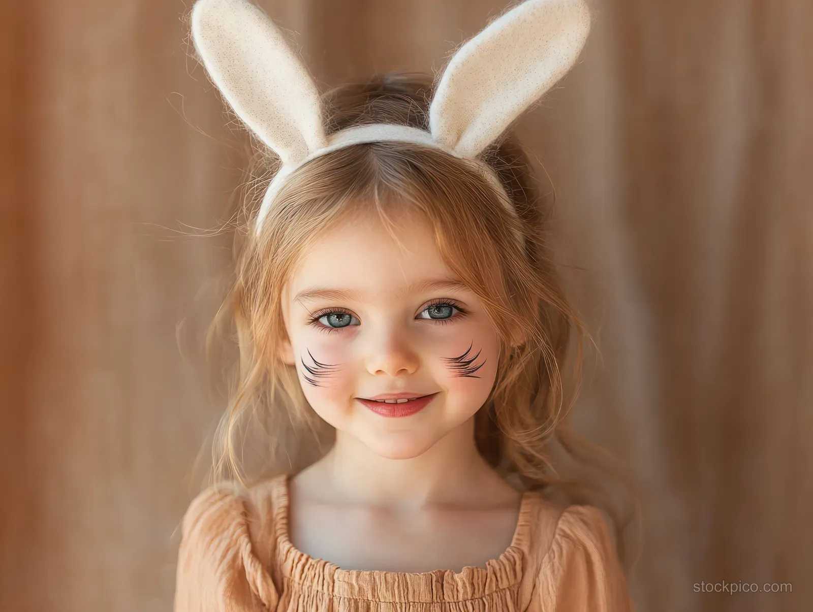 Smiling girl with beige bunny ears headband and whisker face paint in a close-up portrait.