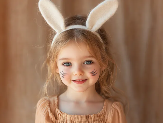 Smiling girl with beige bunny ears headband and whisker face paint in a close-up portrait.