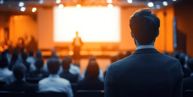 Tech executive addresses a corporate seminar audience from the stage, backlit silhouette and blurred crowd