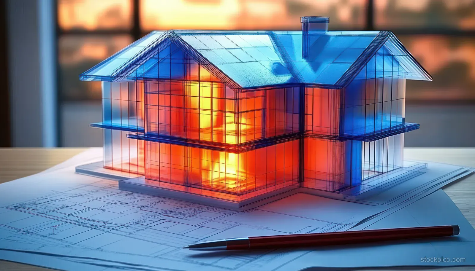 A glowing transparent two-story house model rests on blueprints beside a pen under sunset light.
