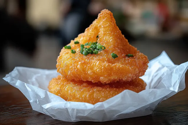 Two golden arancini rice balls on crumpled paper on a wooden table.