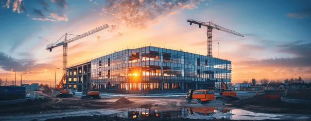 Crane and steel frame rise at sunset over a concrete office building construction site with Commercial Real Estate Development