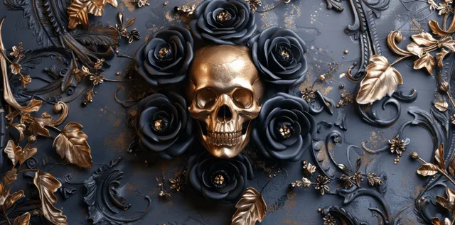 Gold skull surrounded by black roses and ornate embossed leaves on a dark gothic wall background.