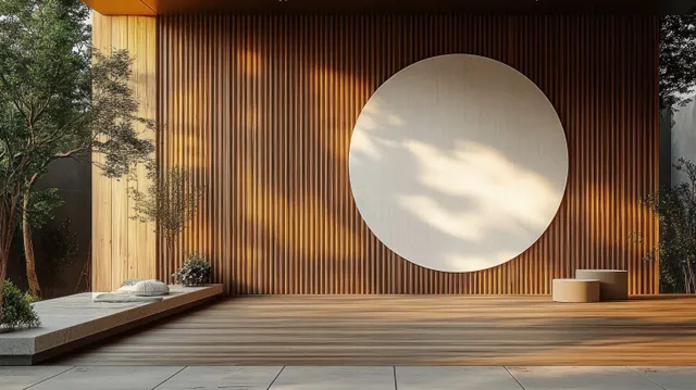 A circular blank signboard hangs on a wooden wall with soft light and gentle shadows outdoors.