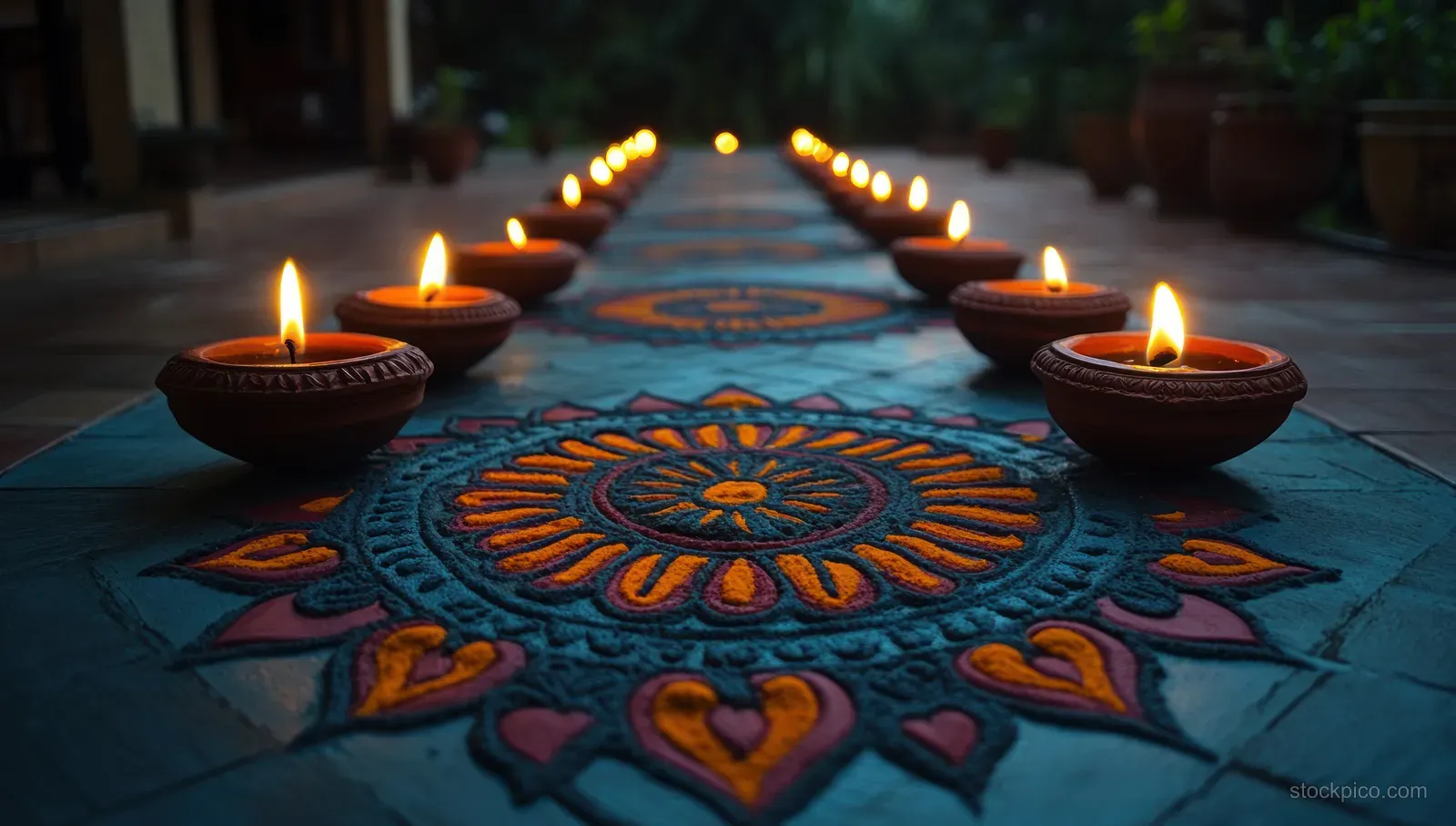 Glowing Diwali diyas circle a colorful flower rangoli on a courtyard floor at night.
