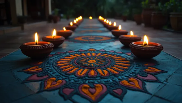 Glowing Diwali diyas circle a colorful flower rangoli on a courtyard floor at night.