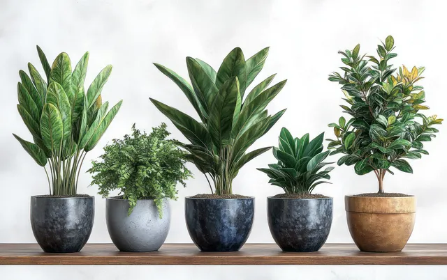 Five potted green plants are arranged on a wooden shelf against a white wall with visible leaf textures.