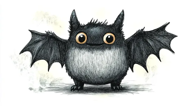 Cute cartoon bat standing on a moonlit puddle, big round eyes and spread wings