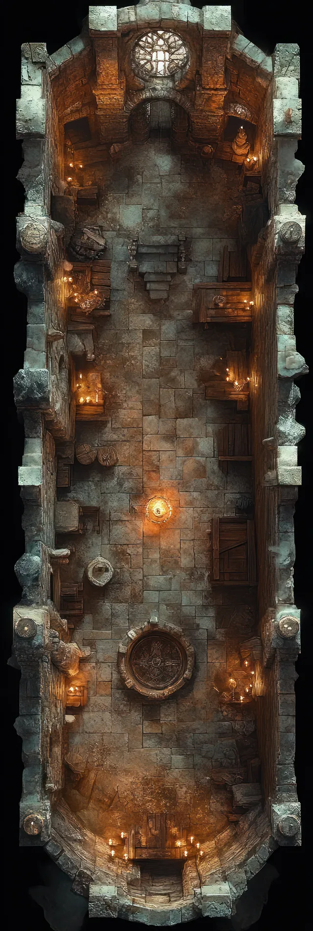 Top-down medieval dungeon corridor with torchlight, stone walls, and tactical layout details for an RPG battlemap.