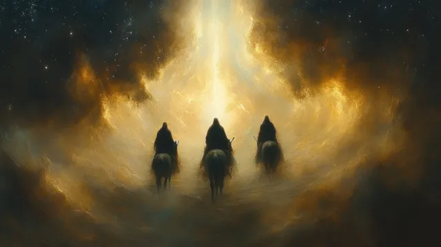 Three wise men on horseback ride toward a radiant nativity glow amid golden cloudlike stars.