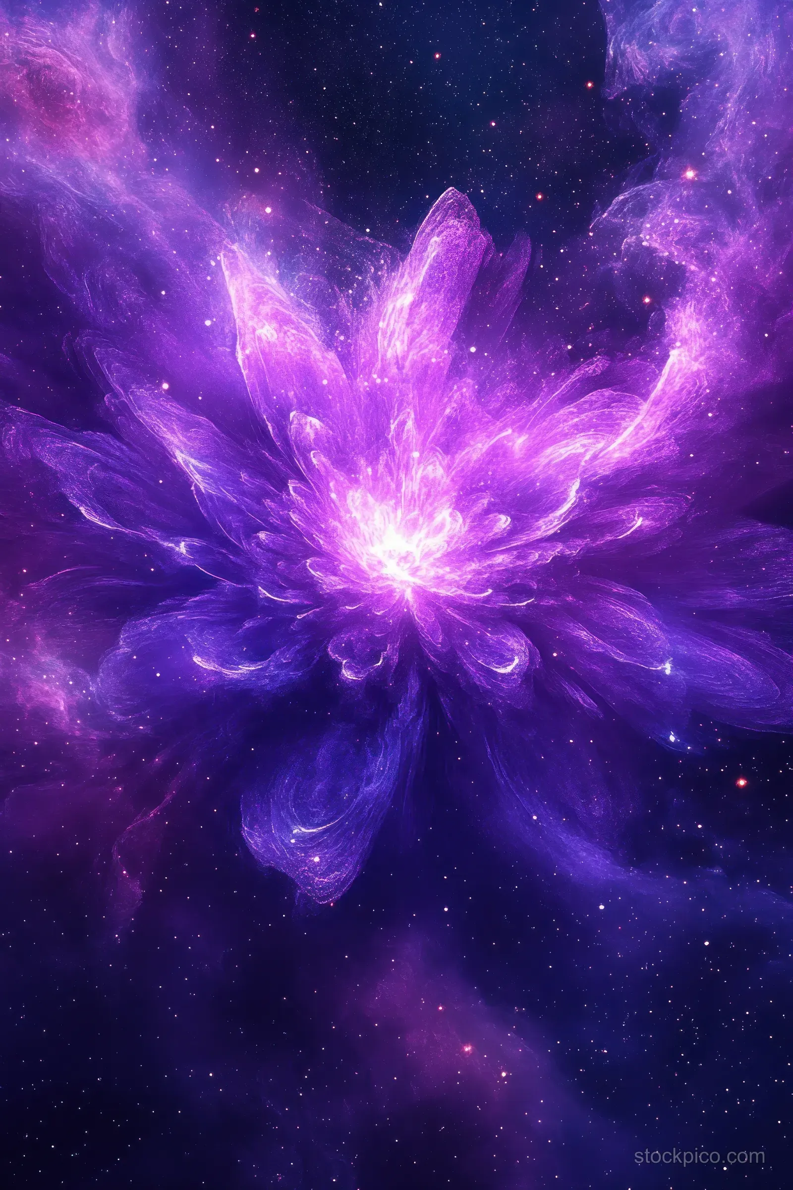 A purple flower-shaped nebula with a bright central core glows against a backdrop of scattered stars.