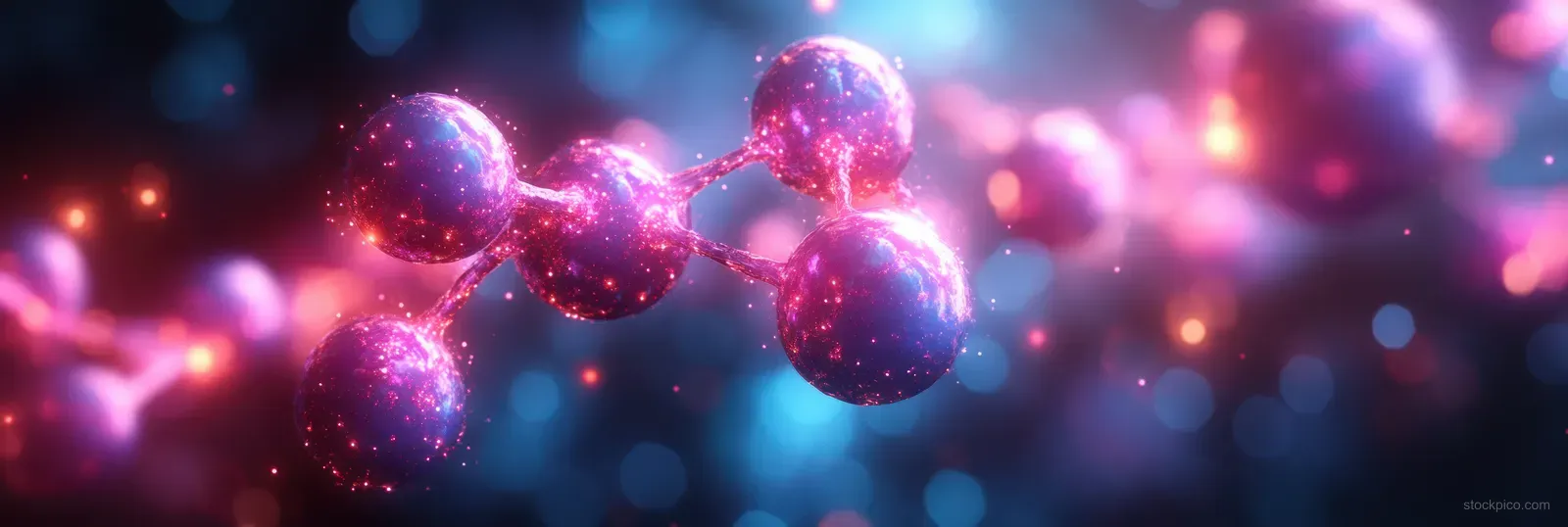 Glowing DNA-like molecular clusters and particles float over a blue and purple futuristic science background.