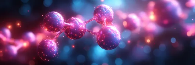 Glowing DNA-like molecular clusters and particles float over a blue and purple futuristic science background.