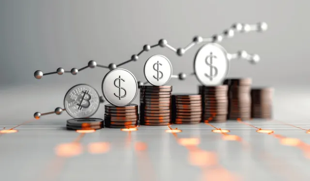 Stacked coins with dollar symbols in front of a glowing upward line graph on a desk.