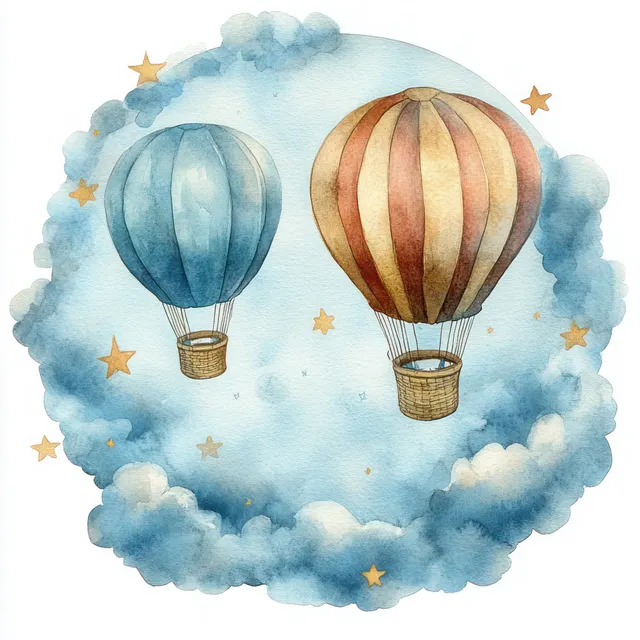 Watercolor hot air balloons floating over dreamy clouds with starry sparkles
