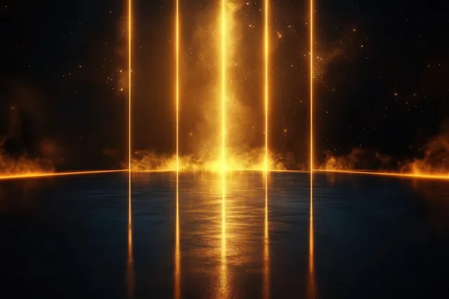 Golden vertical light beams shine above dark water, reflecting in a glowing mirror with mist and sparkling particles.