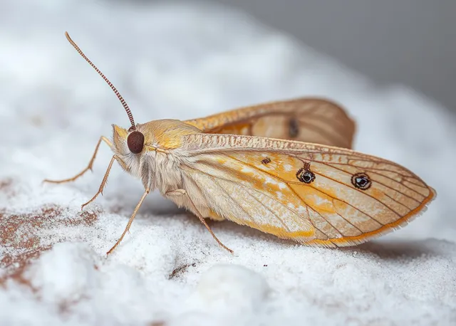 A flour moth lies on powder with visible wing patterns and antennae under soft light.