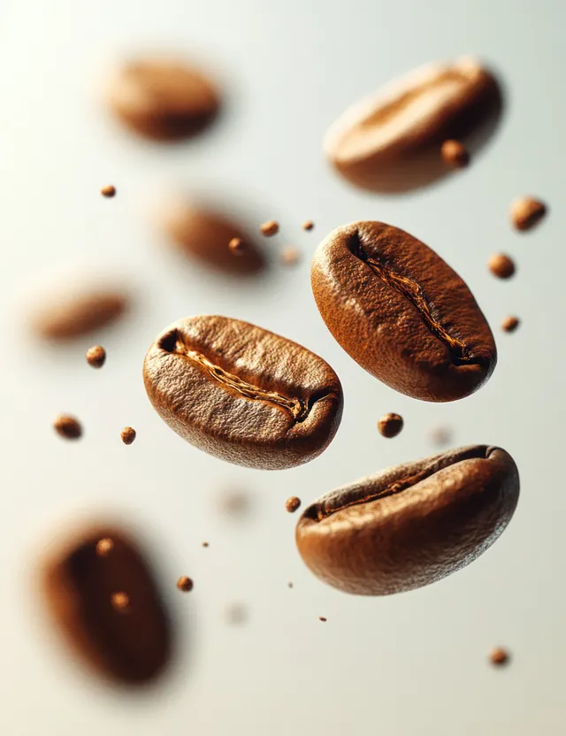 Floating coffee beans over clean white background, macro detail and roasted textures