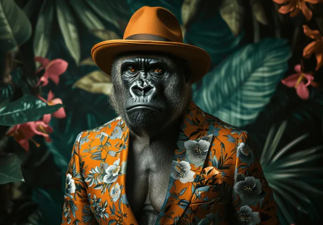 Gorilla wearing patterned suit and hat posed in lush jungle foliage