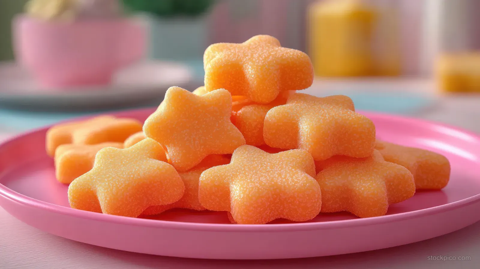 Orange star-shaped gummy candies with sugar crystals on a pink plate in a close-up food shot.