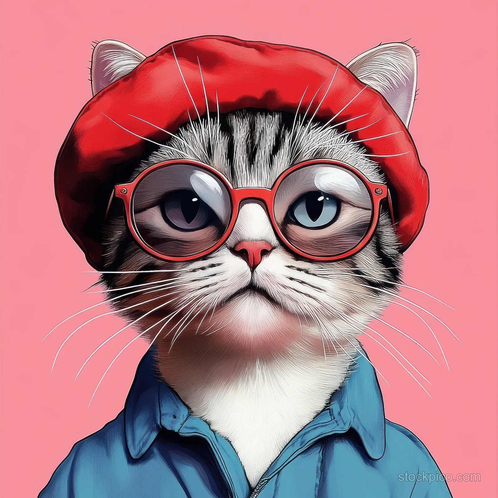 Grey cat portrait wearing a red beret and black glasses with a striped shirt on a pastel pink background.