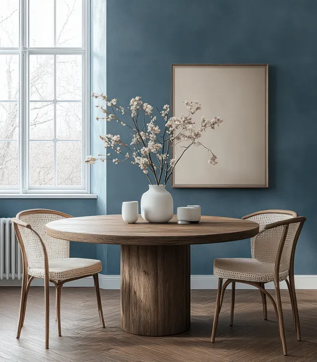 Minimalist dining room with a round wooden table, four chairs, small vase flowers, blue wall, and daylight from a window.