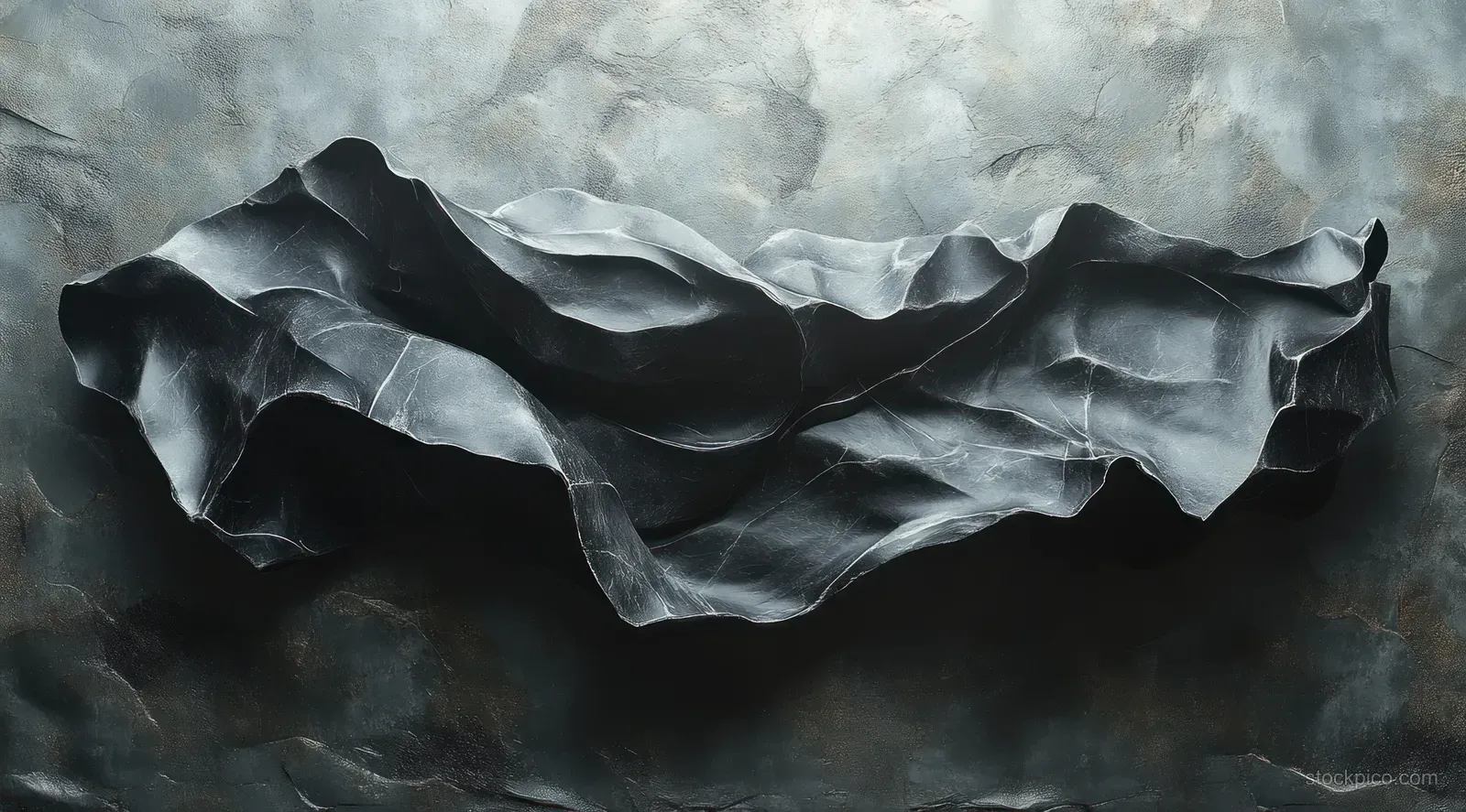 Crumpled black paper with visible folds on a textured light gray background with soft shadows.