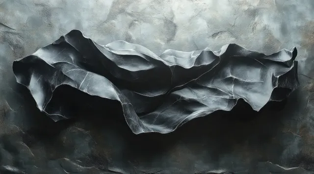 Crumpled black paper with visible folds on a textured light gray background with soft shadows.