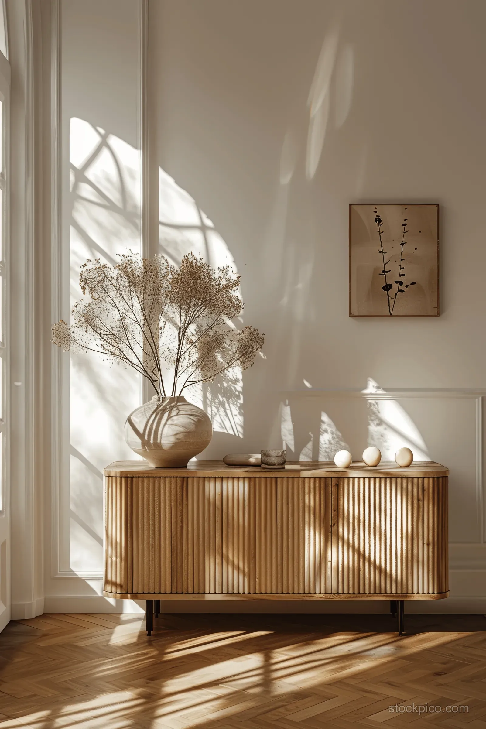 Minimalist wooden sideboard with items on top, bright sunlight from large windows, and parquet flooring in a white-walled apartment.
