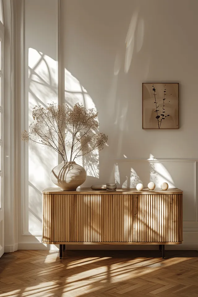 Minimalist wooden sideboard with items on top, bright sunlight from large windows, and parquet flooring in a white-walled apartment.
