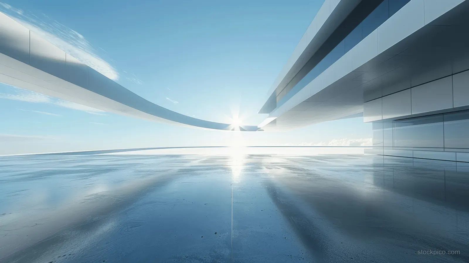 Futuristic glass structures flank an empty concrete floor in bright daylight with reflective highlights.