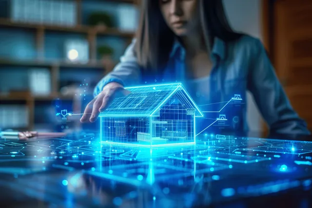 A real estate agent signs a mortgage contract while a blue holographic house model hovers on a desk.